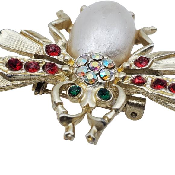 Rhinestone Bug Brooch Faux Pearl Belly Insect Pin Vintage MCM Wasp Bee Beetle - Picture 2 of 6